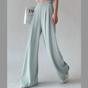 Pleated V Waist Flowy Wide Leg Pants